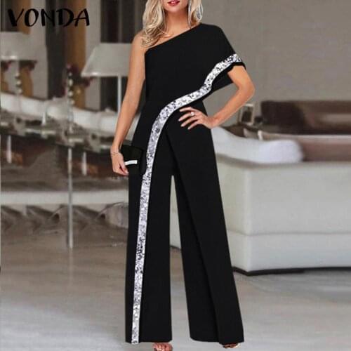 Long Playsuits VONDA Women Wide Leg Pants Long Trousers Palazzo Sexy One Shoulder Playsuits Short Sleeve Print Jumpsuits
