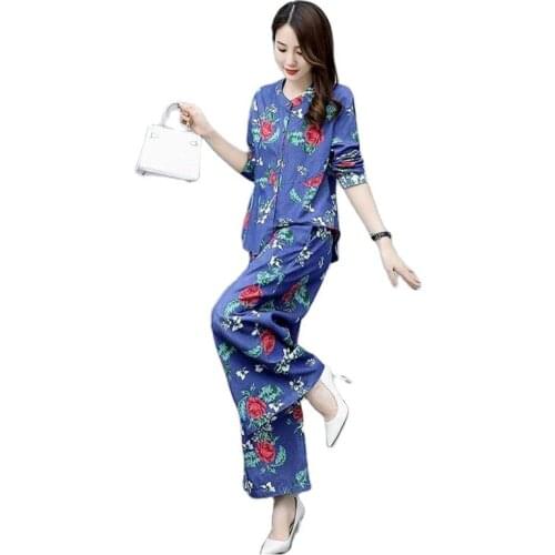Denim Wide-Leg Pants Ladies Suit Spring Autumn New Elegant Printed Casual Two-Piece Suit Culottes Womens High-End Business Wear