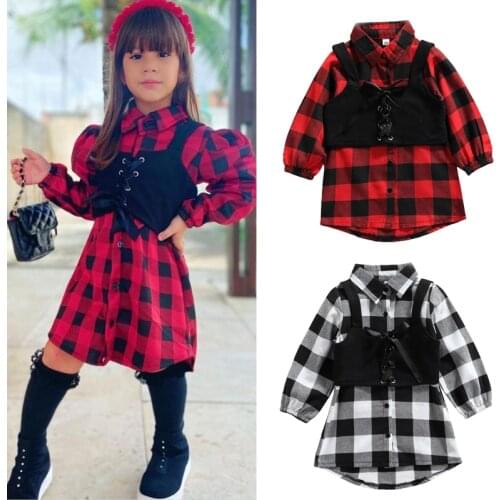 FOCUSNORM 1-6Y 2pcs Fashion Kids Girls Dress+Vest Outfits Plaid Printed Long Sleeve Single Breasted Shirts Dress