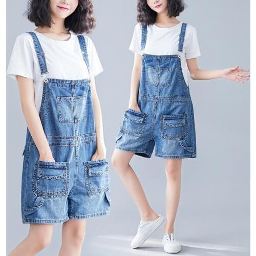 Fashion Pocket Denim Bib Shorts Women 2021 Summer Slim Korean Pants Jeans Loose Wide-leg Overalls Suspenders Jumpsuit