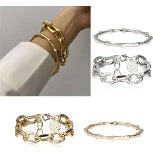2Pcs Punk Metal Bamboo Bracelet Coin Disc Charm Chunky Link Chain Bangle Women