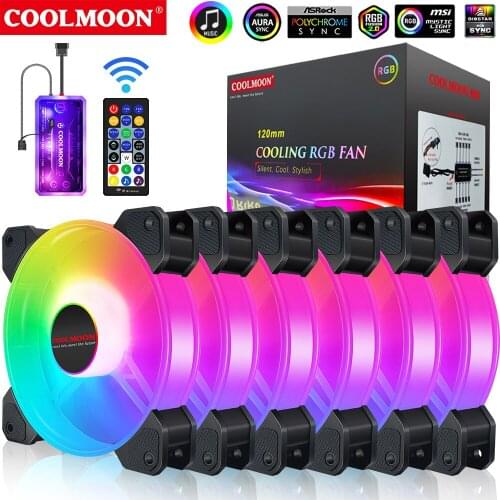 Coolmoon PWM 120mm Cooler Fan Double RGB PC Quiet Cooling Fan For Computer Silent Gaming Case With IR Remote Controller Heatsink