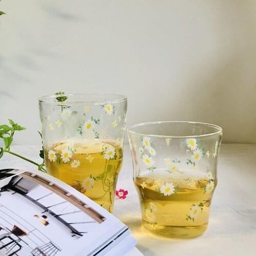 Ins Cup Small Daisy Heat Resistant Glass Water Cup Household Net Red Creative Large Capacity Juice Cup Milk Cup Glass Cup