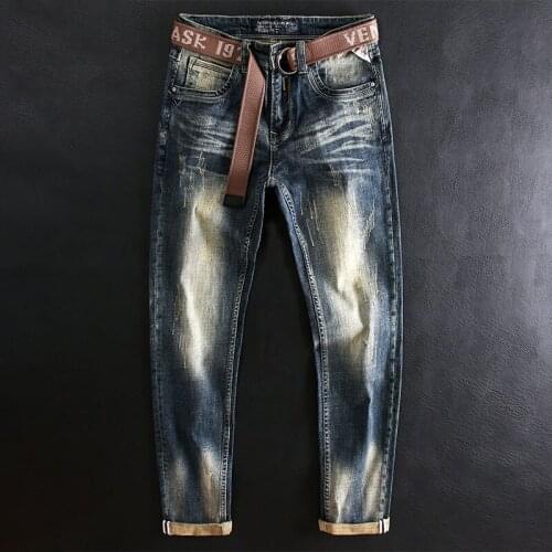 Italian Style Fashion Men Jeans Retro Blue Elastic Slim Ripped Jeans Men Distressed Plain Vintage Designer Casual Denim Pants