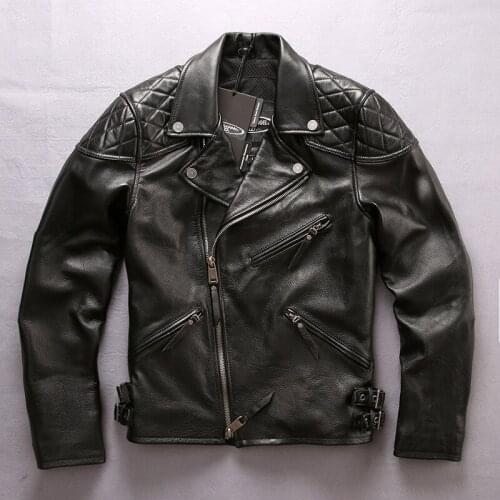 ANGEL New Mens Skull Genuine Leather Cowhide Motorcycle Jacket Black Oblique zipper Slim Fit Men Winter Coats