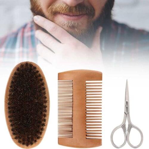 Male Vintage Beard Kit Beard Brush Double-sided Styling Comb Scissors Modeling Kit for Men Soft Brush Stainless Steel Scissors