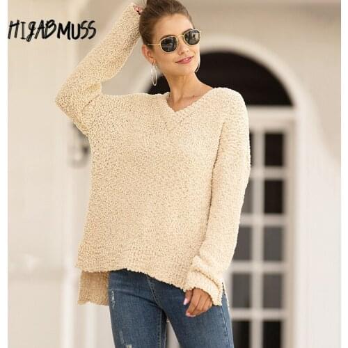 New Products Autumn And Winter Women Commuter Casual Loose Grain Fleece V-neck Split Pullover Sweater Top Womens