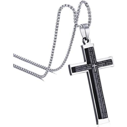 Punk Cross Pendant Necklace Men Women Stainless Steel Long Chain Necklace Ethnic Prayer Scripture Cross Pendant Retro Jewelry