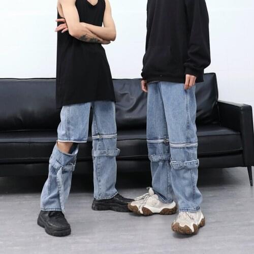 Detachable Zipped Spliced Jeans Women Hip Hop Denim Pants Punk Rock Jeans Couple Streetwear Straight Trouesters