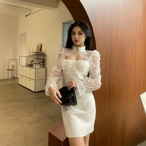 Spring Summer New Women Sexy Dress White/Black Lace See Through Long Sleeve Patchwork Bodycon Dress Ladies Night Party Vestidos