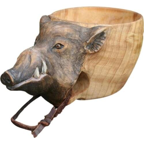 Nordic Creative Portable Kuksa Rubber Wooden Water Cup Hand Carved Animal Head Juice Milk Tea Coffee Drinking Cup With Handle