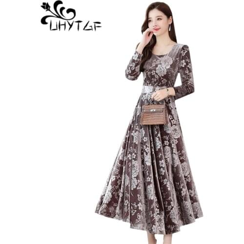 UHYTGF Fashion autumn winter dress women O neck pullover gold velvet elegant dress Female big swing type plus size dresses 1126