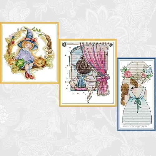 Magic Little Girl Counted Cross-stitch Printed on Canvas DIY Handmade Cross Stitch Kits Little Girl and Fat Cat Embroidery Sets