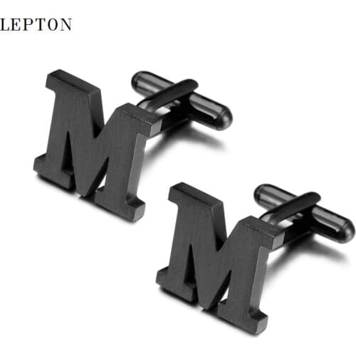 Lepton Stainless steel Cufflinks for Mens IP Black Gun Metal Letters M Cuff links Men French Shirt Cuff Cufflink Relojes Gemelos