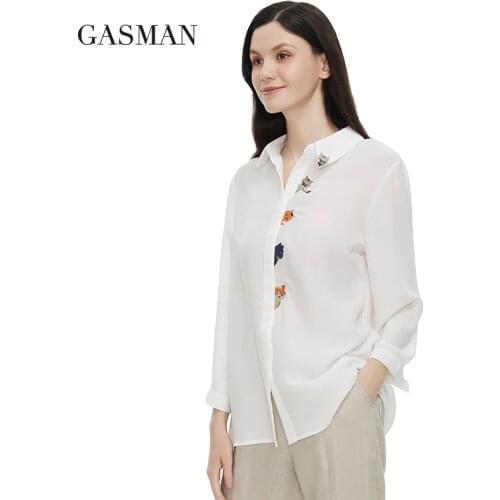 GASMAN New Summer womens t-shirt 2021 Pure white Buttoned 3/4 sleeve t-shirts animal print lapel fashion Oversized Blouses 5270