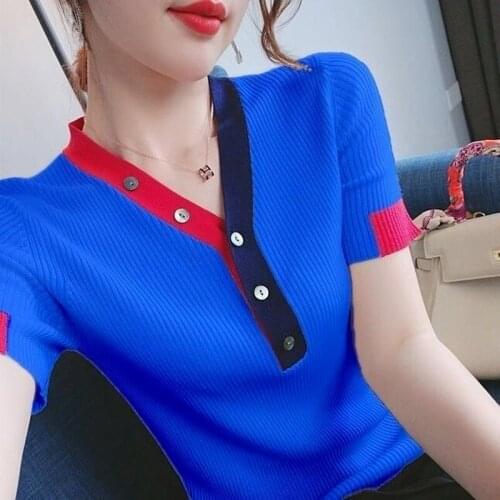 Ice Silk V-neck Short-sleeved T-shirt Womens 2021 Summer New Hit Color Wild Korean Slim Thin Knitted Top Fashion Sweater