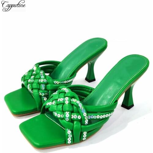 2021 Green Women Summer High Heels Shoes African Ladies Pumps Slippers Sandals Sequins Buty Femmes Chaussures CR137 Height 7.5cm