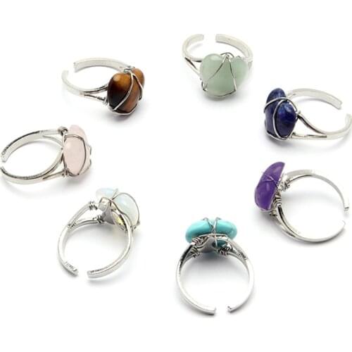 Natural Crystal Open Rings New Fashion Heart-shape Wire Wrap Stone Women Rings Fashion Resizable Quartz Finger Ring Jewelry