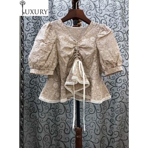 Sexy Summer 100%Cotton 2020 Crop Tops Women V-Neck Drawstring Front Lace Patchwork Short Sleeve Casual Vintage Blouses