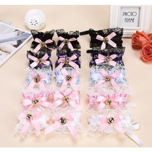 Women Sexy Maid Lolita Cat Cosplay Costume Ruffles Lace Satin Collar Choker Necklace Bowknot Bell Wristband Bracelet Set