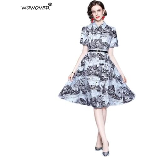 Runway Fashion Short Sleeve Architecture Print Vintage Belted Shirt Dress Women Designer Single Breasted Casual Aline Vestidos