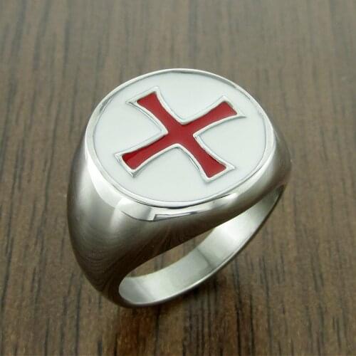 Free Shipping Medieval Signet Retro Vintage 316 Stainless Steel Enamel Red White Armor Shield Knights Templar Crusade Cross Ring