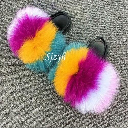 Childrens Real Fox Fur Slides Kids Raccoon Fur Slippers Cute Rainbow Furry Fur Flip Flops Girls Plush Sandals Baby Fur Shoes