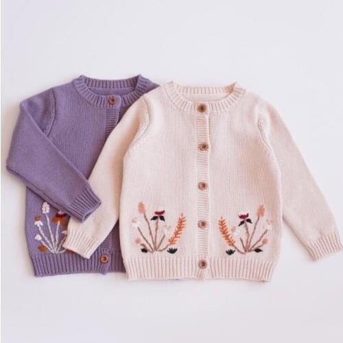 2021 Kids cardigan embroidered floral purple colour sweet newborn baby knitted outerwear