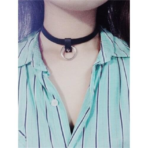 Gothic Lady Black Brown PU Leather Choker Necklaces With Round Circle Pendant Women Choker Female Night Club Party Jewelry Gift