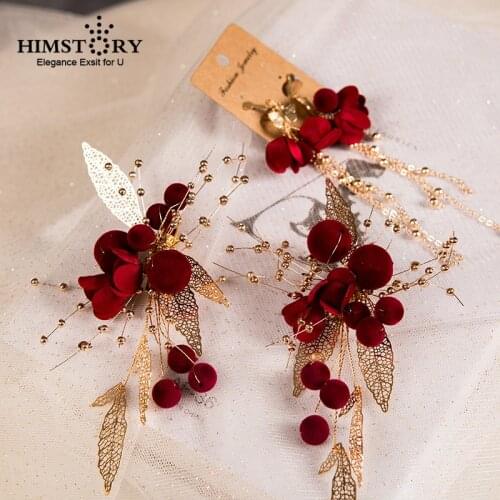 HIMSTORY Newest Brida Wedding Hairwear Set Vintage Red Flowers with gold Leaf Handmade headdress Hair Earring Accessorie sets