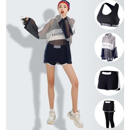 Fitness Women Yoga Set 4 in 1 Set Yoga Bra & Yoga Pants & Shorts & T-Shirts Patchwork Gym Clothes Sport Wear Running Outdoor Jog