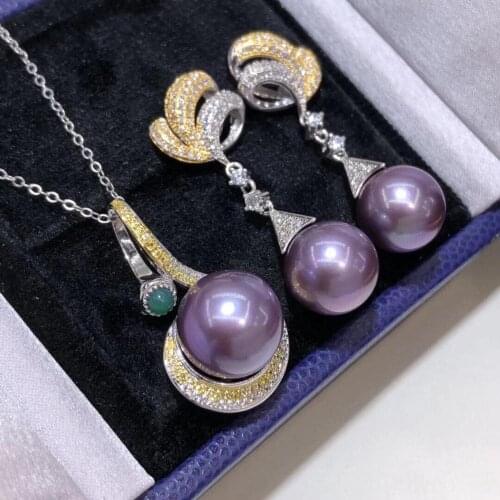 D610 Pearl Set Fine Jewelry 925 Sterling Silver Round 9-12mm Zircons Nature Fresh Water Purple Pearls Jewelry Sets for Women