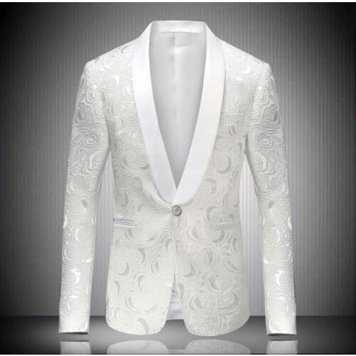 Men Suits Sets White Jacquard Wedding Dress Groom Prom Singer Button Suit Dress Performance Nightclub Slim Star Costumes