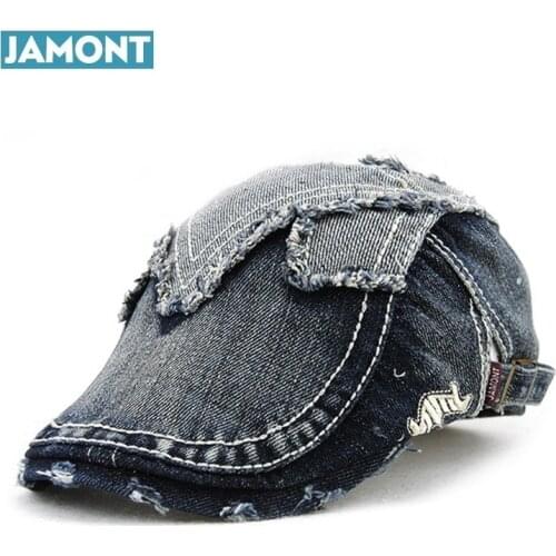 JAMONT Cowboy Cap Unisex Summer Vintage Denim Hat Berets Embroidery Hat For Womens Mens Fitted Driving Beret Buckle Flat Caps