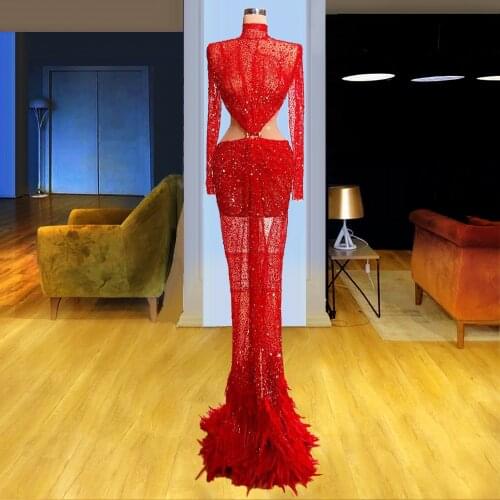 Illustion Red High Neck Long Sleeve Prom Dress Mermaid Feathers Beaded Evening Formal Party Gowns For Weddings Rode De Soiree