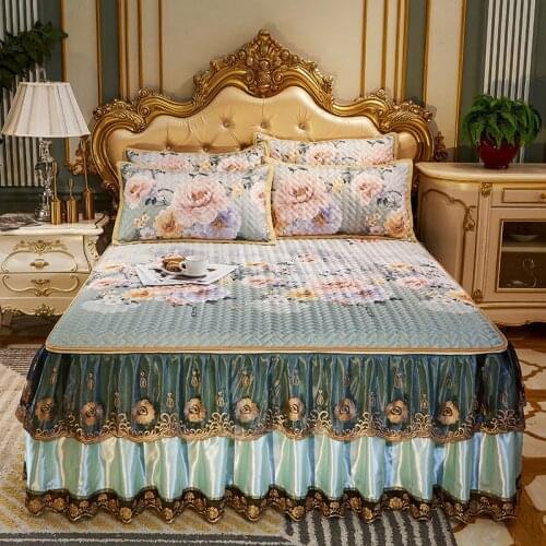 Ice Silk Mat Bed Skirt Vintage Lace Quilted Bedspread Full Queen King Detachable Bedskirt Cooling Mat Pillowcase 3pcs