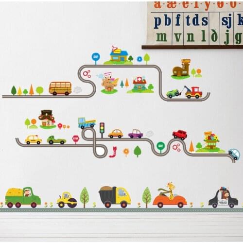 Cartoon Cars Road Bus Wall Sticker For Kids Room Bedroom Vinyl Home Decor Decal Self-adhesive Wallpaper Nursery DIY Decorations