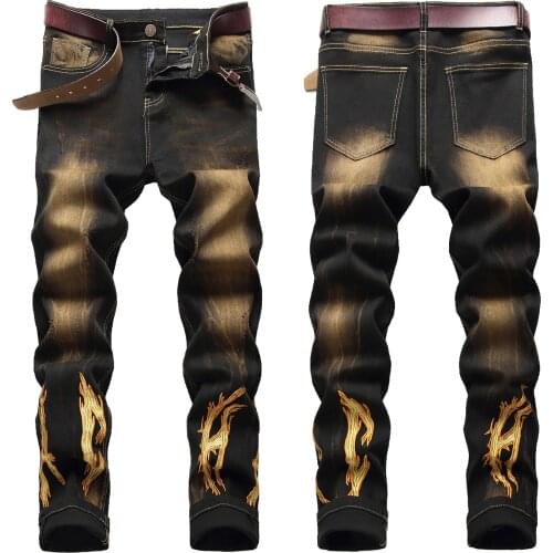 Men’s high quality slimming denim pants embroidery retro black jeans scratched stretch casual jeans pants