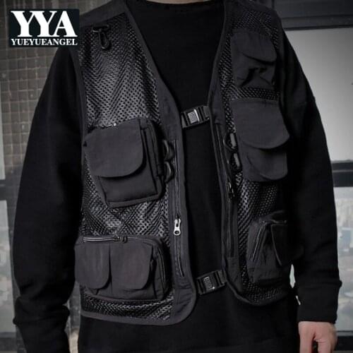 Men Multi-Pockets Biker Vest Black High Street Loose Fit Cargo Waistcoat Outdoor Casual Combat Sleeveless Jackets Male M-2XL