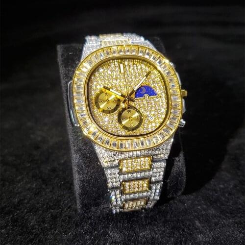 MISSFOX Premium Gold And Silver Men Watch Full Diamond Moon Phase Chronograph Wristwatches Man Hiphop Fashion Party Man Watch