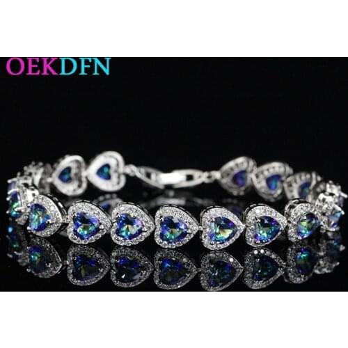 OEKDFN Bohemian 925 Sterling Silver Bracelet Love Heart Mystic Rainbow Topaz Gemstone Bangle Charm Bracelets Fine Jewelry