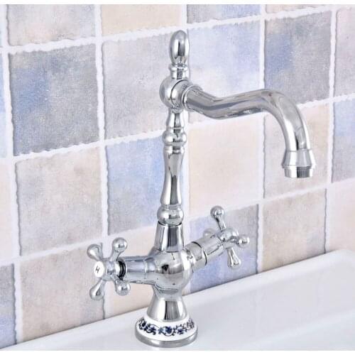 Polished Chrome Brass Bathroom Kitchen Basin Sink Faucet Mixer Tap Swivel Spout Dual Cross Handles Ceramic Base One Hole msf669