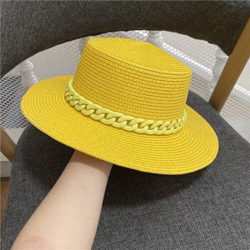 Women summer fresh macaron color flat top straw hat Korean version fashion color chain top hat web celebrity beach hat