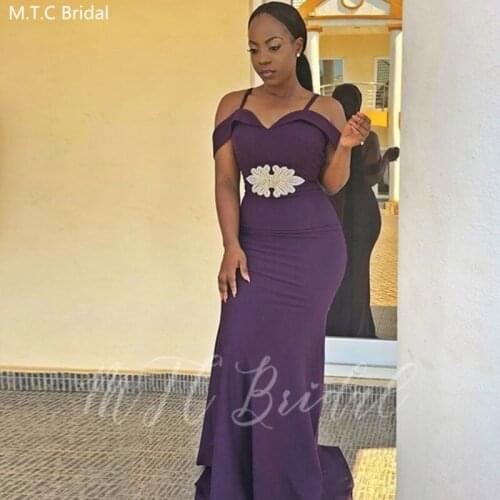 Dark Purple Mermaid Long African Bridesmaid Dresses With Crystals Sweetheart Elastic Satin Black Girls Prom Dress Plus Size