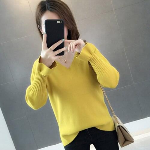 Women Sweaters Spring and autumn new Casual V-Neck Long Sleeve Sweaters Solid color Loose Knitted Pullovers Tops women