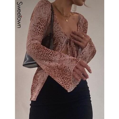 Sweetown Leopard Printed Flare Sleeve Cardigan Tops Women Vintage Aesthetic Vacation Clothes V Neck Lace Up Casual Autumn Shirts