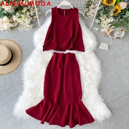 ALPHALMODA Mermaid Skirt + Sleeveless Tank Top Women Fashion 2pcs Set 2020 Summer New Solid Color Ladies OL Vintage Suit