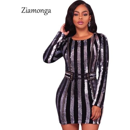 Ziamonga Runway Style Sexy Dress Women Long Sleeve Shining Sequined Bodycon Dress Fashion Tight Celebrity Ladies Party Dresses