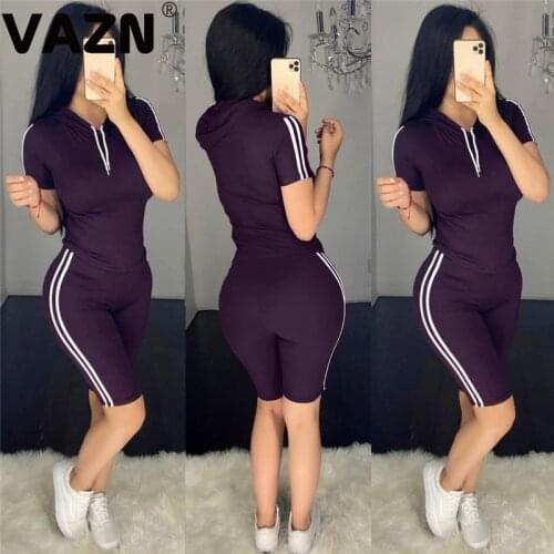 VAZN 2020 New Summer Sport Short Sleeve Hooded Short Pant 2PCs Set Casual Beach Clothing Ladies Women Sets