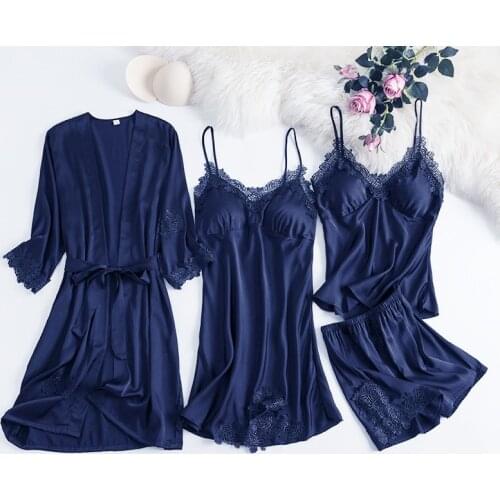 4PCS Womens Satin Pajamas Sets Sexy Spring Lace Sleepwear Sleep Suit With Chest Pads Lounge Pyjamas Casual Home Wear Nightwear